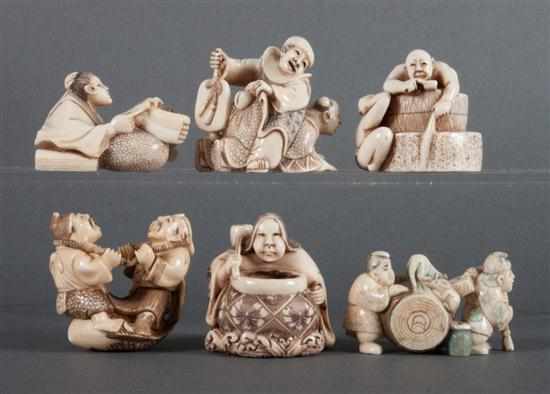 Appraisal: Six Japanese carved ivory figural netsukes including woman with large