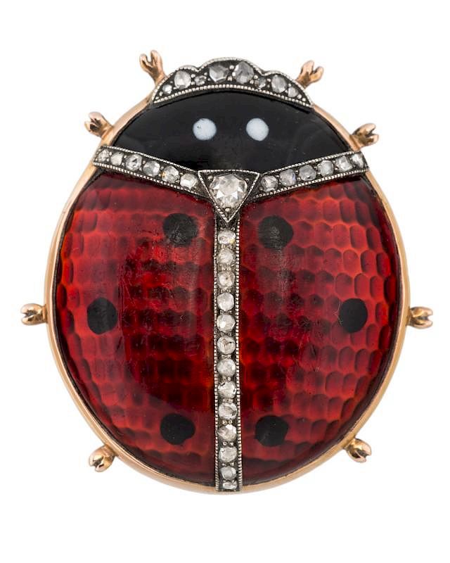 Appraisal: A FABERGE RED GUILLOCHE ENAMEL AND DIAMOND LADYBUG BROOCH MIKHAIL