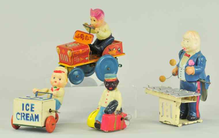 Appraisal: FOUR WIND-UP CELLULOID TOYS Japan includes ''Groggy'' tin auto with