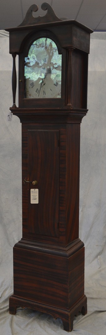 Appraisal: Paint decorated pine New England tall case clock raised on