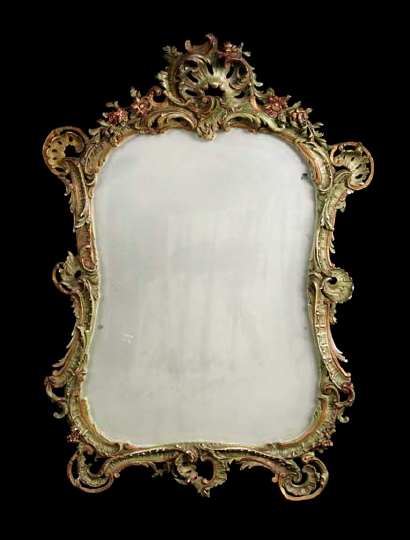 Appraisal: Italian Carved Polychromed and Parcel-Gilt Beechwood Looking Glass first quarter