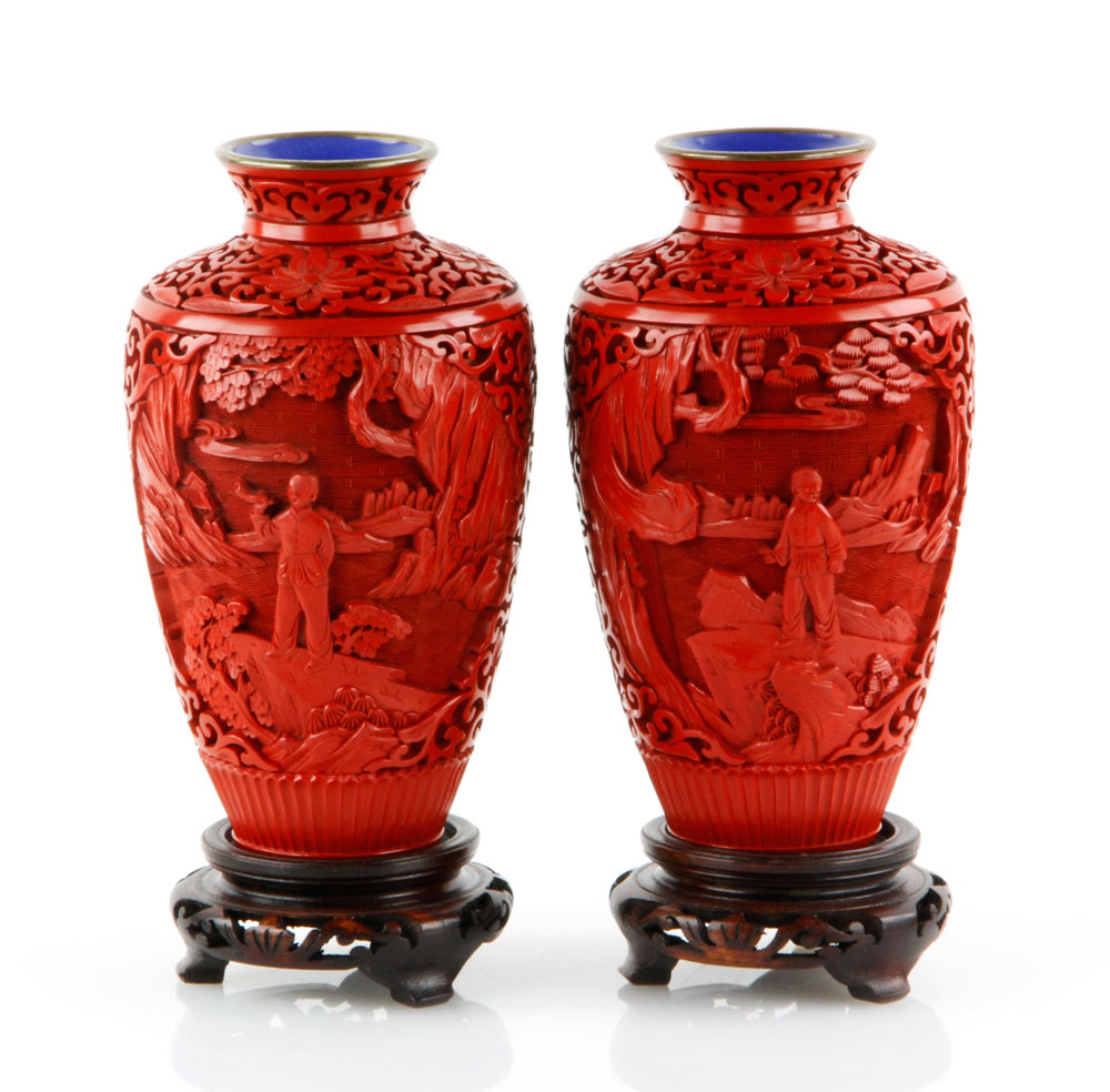 Appraisal: - Pair of Cinnabar Vases Pair of finely carved cinnabar