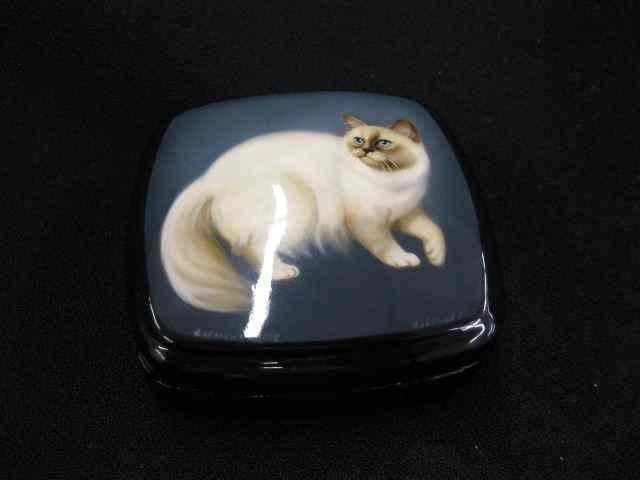 Appraisal: Russian Lacquerware Dresser Box handpainted Persian cat '' square excellent