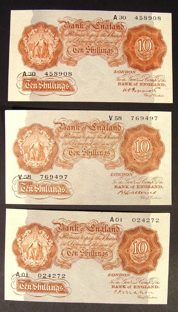 Appraisal: Three Bank of England ten shilling notes signed Peppiatt no