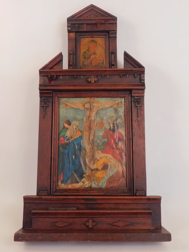 Appraisal: ANTIQUE ALTARPIECE WITH ICONS Victorian walnut altar piece with upper