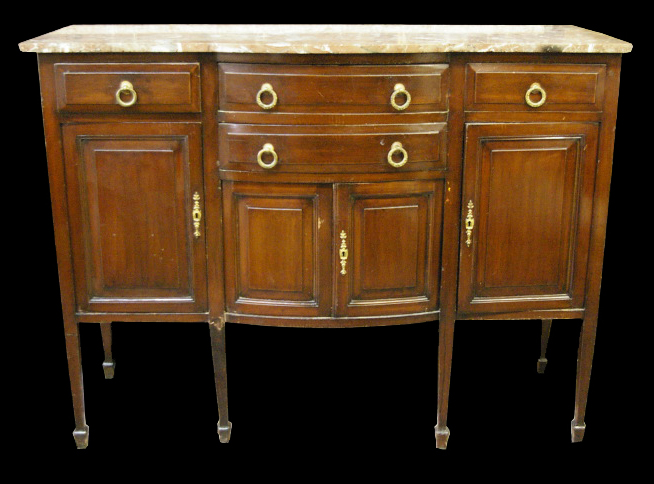 Appraisal: George III-Style Mahogany and Marble-Top Sideboard the rectangular variegated brown