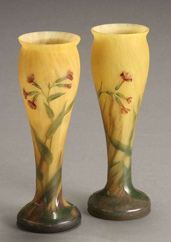 Appraisal: Pair of Mado Enamel Decorated Mottled Glass Vases First Quarter