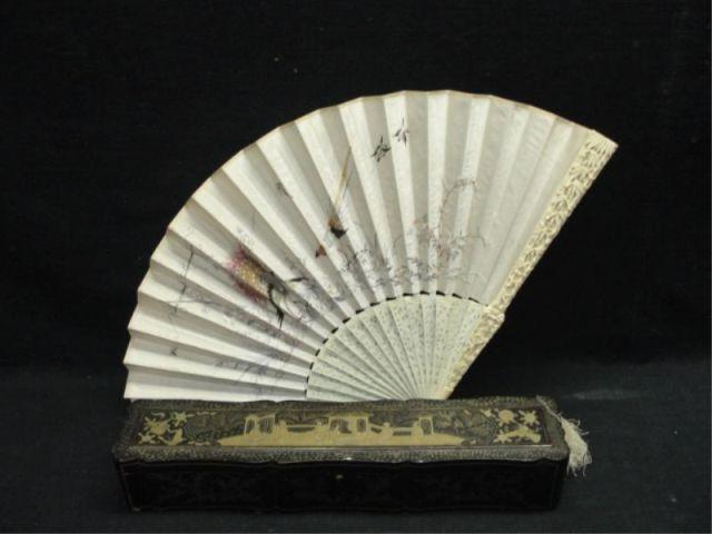 Appraisal: Asian Ivory Fan in Lacquer Decorated Box From an East