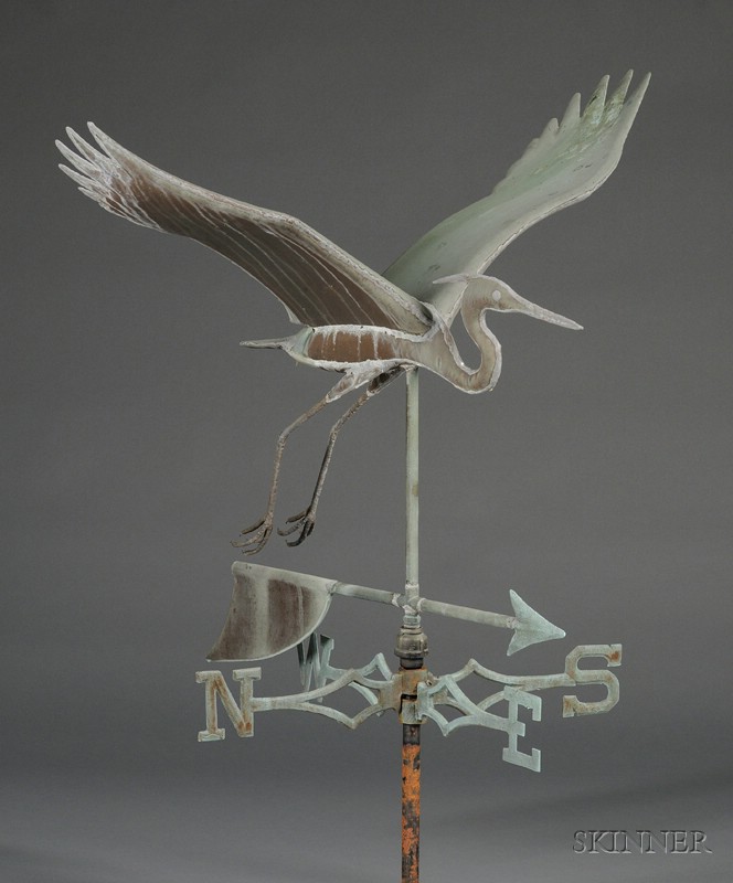 Appraisal: Patinated Molded Copper Full-body Heron Weather Vane and Directionals approx