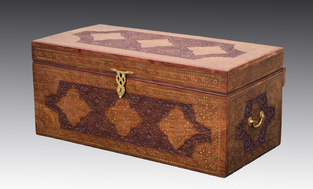 Appraisal: BRASS INLAID CARVED BLANKET CHEST Boulle brass inlay with floral