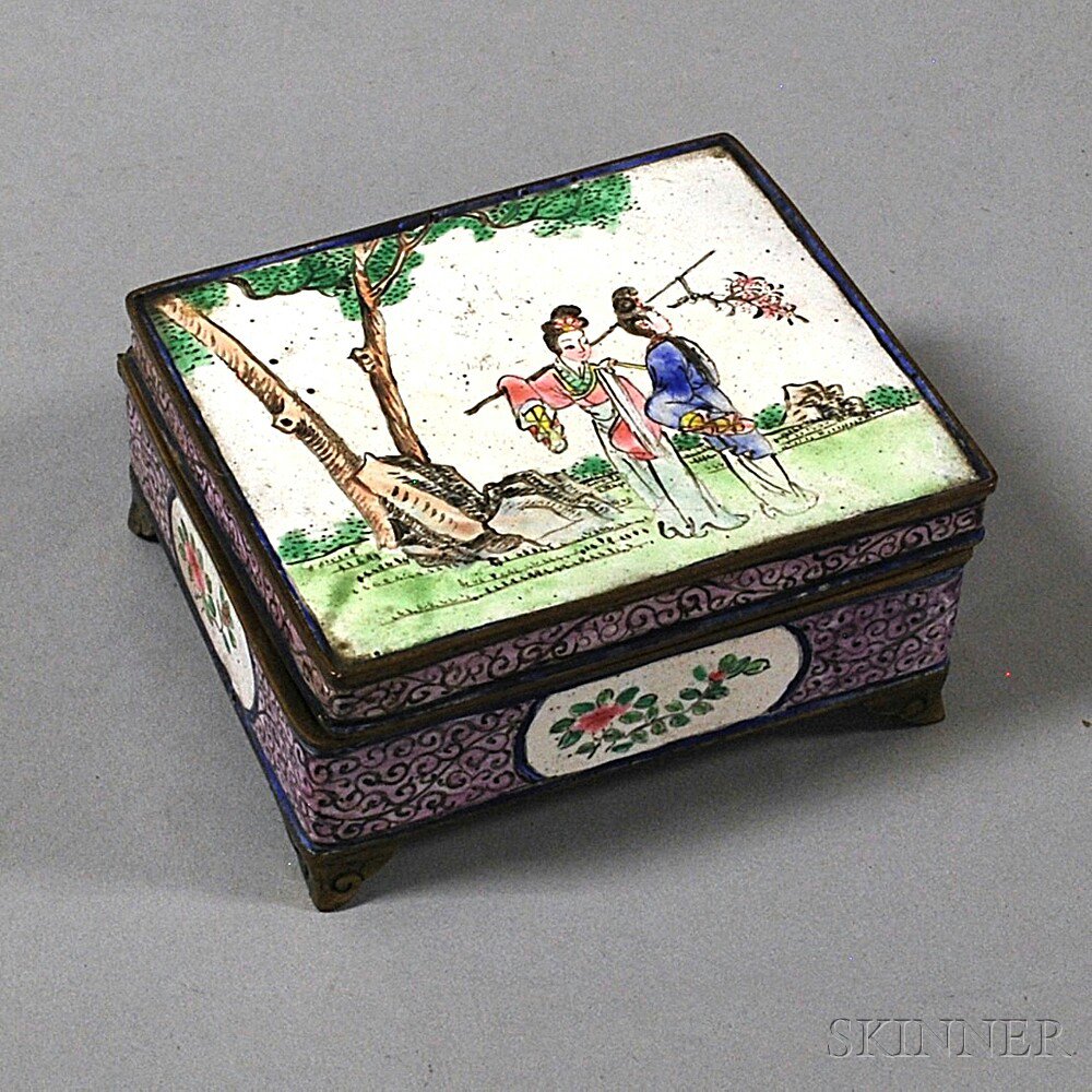 Appraisal: Chinese Canton Enamel Box th th century four-character Qianlong mark