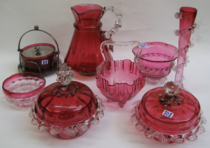 Appraisal: COLLECTION OF VICTORIAN CRANBERRY GLASS pieces water pitcher basket covered