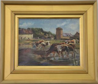 Appraisal: Oil on canvas cows on the farm signed lower left