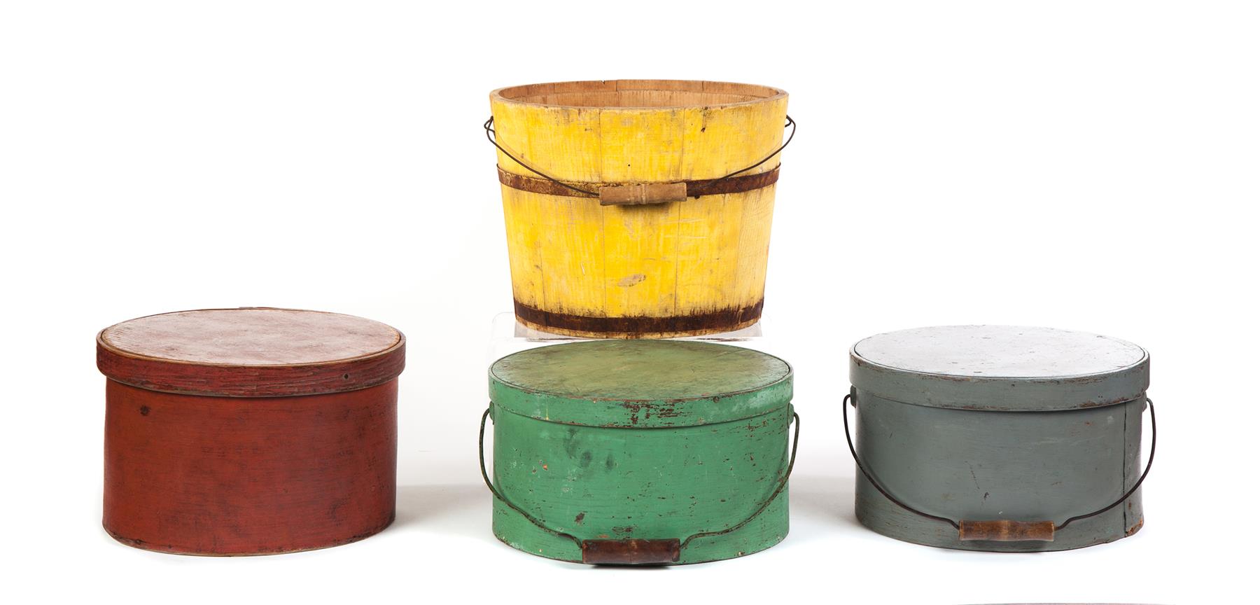 Appraisal: THREE PAINTED BUCKETS AND A PAINTED PANTRY BOX American late