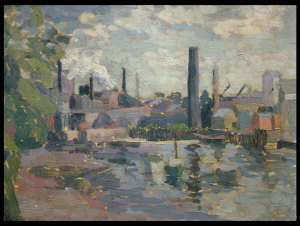 Appraisal: Sarah Goodwin b - Industrial river landscape oil on bard