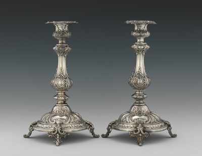 Appraisal: Alexander Katsch Silvered Candlesticks th Century Pair of Rococo style