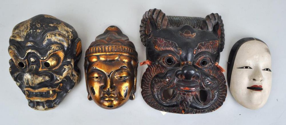 Appraisal: Three Japanese Noh Masks One Tibetan Mask Largest high wide