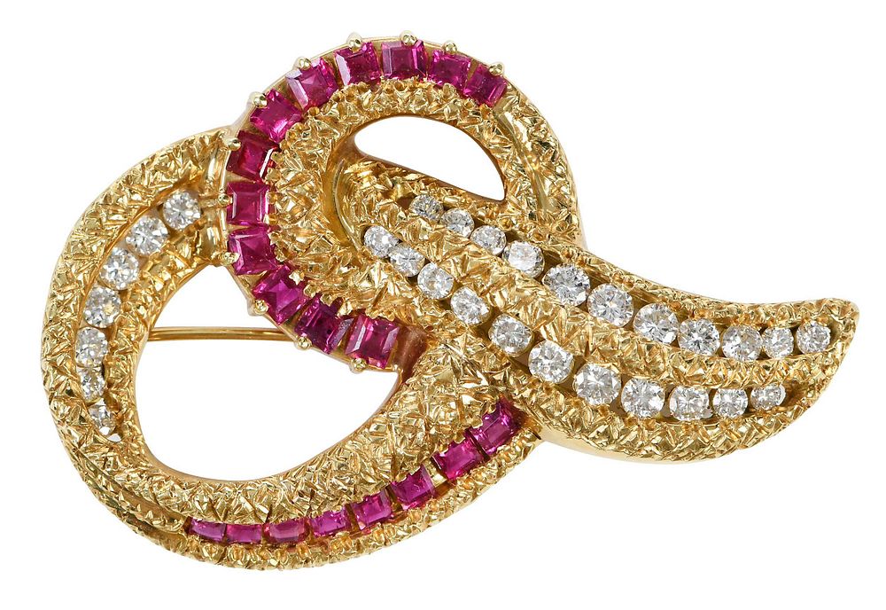 Appraisal: kt Ruby and Diamond Brooch knot design round brilliant diamonds