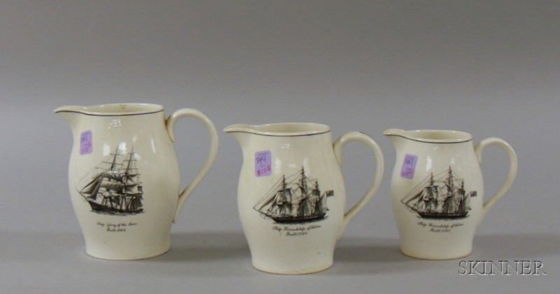 Appraisal: Three Graduated Spode Pottery Jugs with Sailing Vessel Transfer Decoration