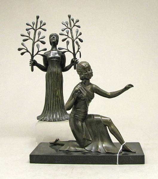 Appraisal: A Secessionist patinated bronze figure and Art Deco patinated metal