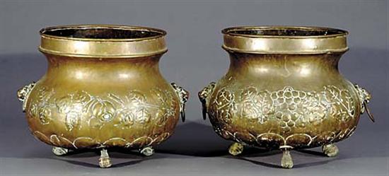 Appraisal: Pair brass cachepots th centuryovoid body with lion's-head ring handles