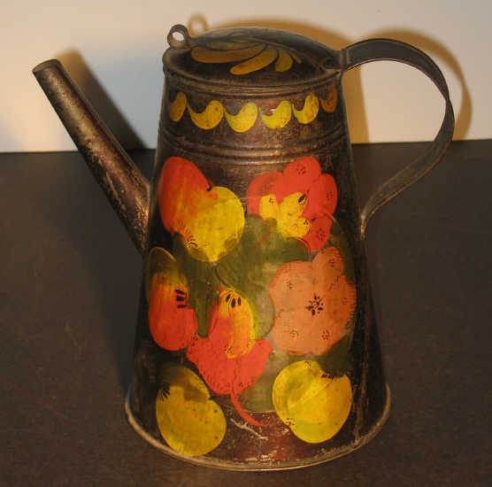 Appraisal: TOLE COFFEE POT The black toleware coffee pot with applied