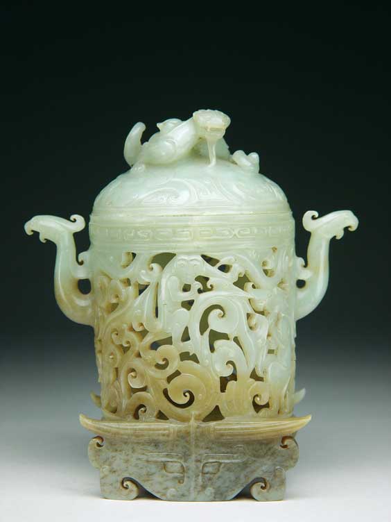 Appraisal: CARVED JADE ARCHAISTIC VESSEL Well carved Chinese Western Han-style jade