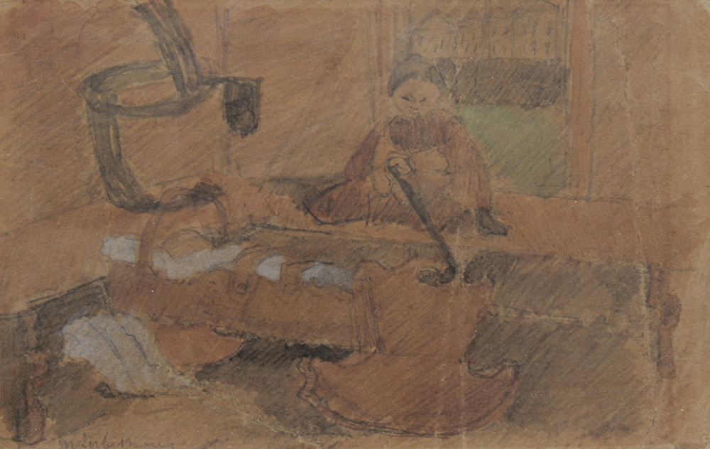 Appraisal: INTERIOR SCENE WITH YOUNG CHILD ROCKING A CRADLE SIGNED M