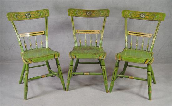 Appraisal: Three Painted Stenciled Windsor Chairs Mid th Century Spindle-back Plank