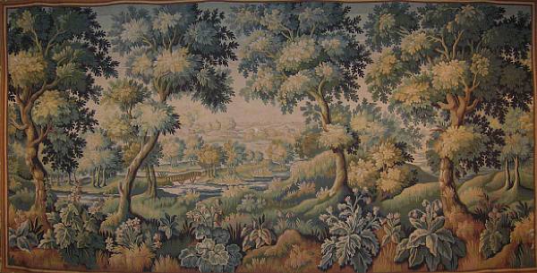 Appraisal: A Verdure style tapestry modern The forested landscape with flowering