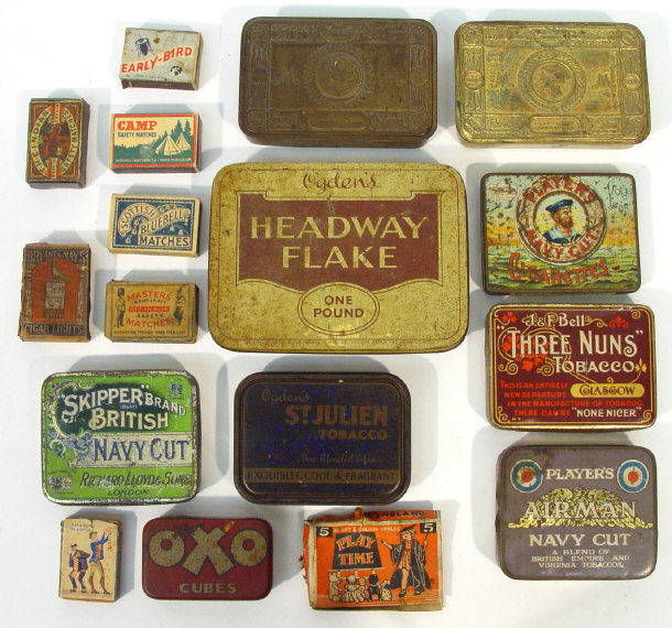 Appraisal: Group of early advertising tins and matchboxes also two military