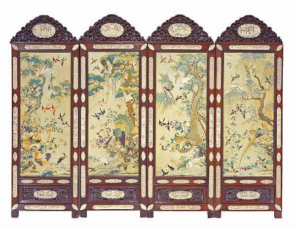 Appraisal: A fine export style ivory-inlaid hongmu four-panel floor screen Circa