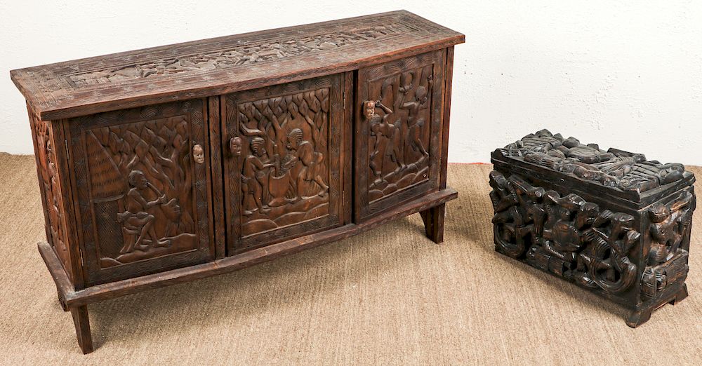 Appraisal: Vintage African Carved Wood Cabinet Chest Vintage African Carved Wood