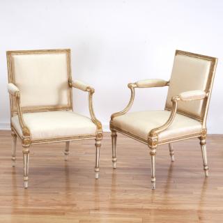 Appraisal: Pr Louis XVI style painted parcel gilt fauteuils Pr Louis