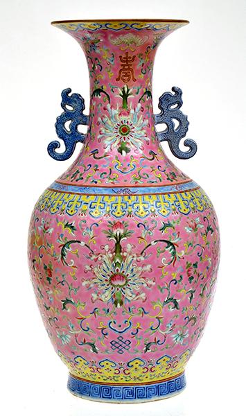 Appraisal: CHINESE TWIN HANDLED PINK GROUND FAMILLE ROSE BALUSTER VASE DECORATED