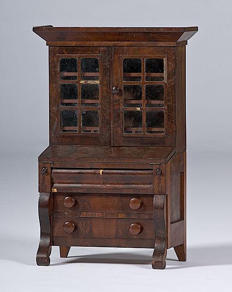 Appraisal: MINIATURE MAHOGANY SECRETARY BOOKCASE American ca - a late classical