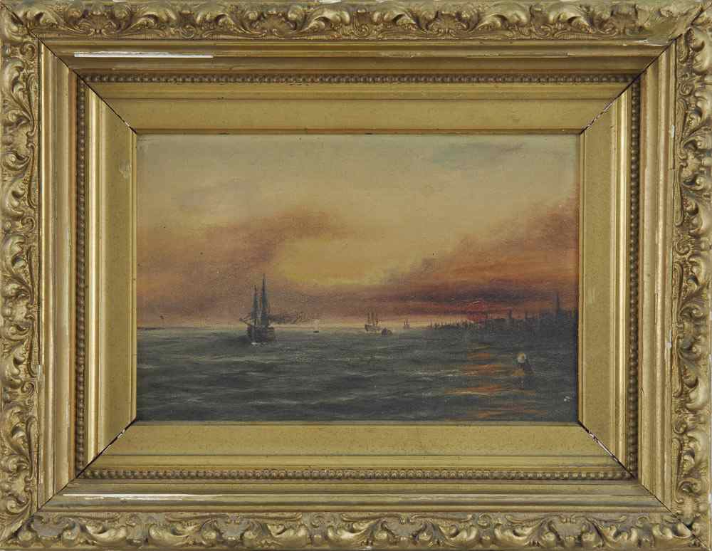 Appraisal: AMERICAN SCHOOLLate th CenturySunset harbor scene with ships and shoreline