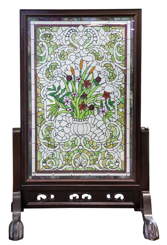 Appraisal: A CONTEMPORARY STAINED GLASS SCREEN WITH WOODEN FRAME A CONTEMPORARY