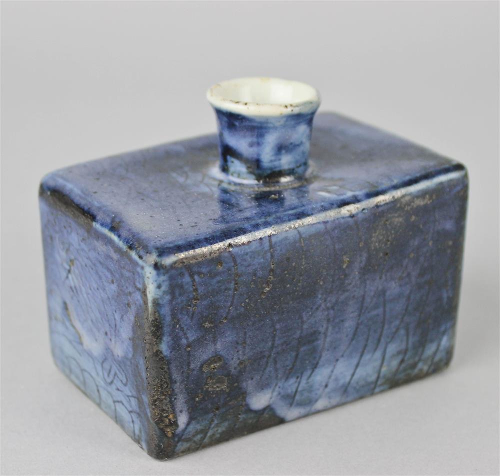 Appraisal: JAPANESE BLUE-GLAZED RECTANGULAR BOTTLE EDO PERIOD TH CENTURY the long