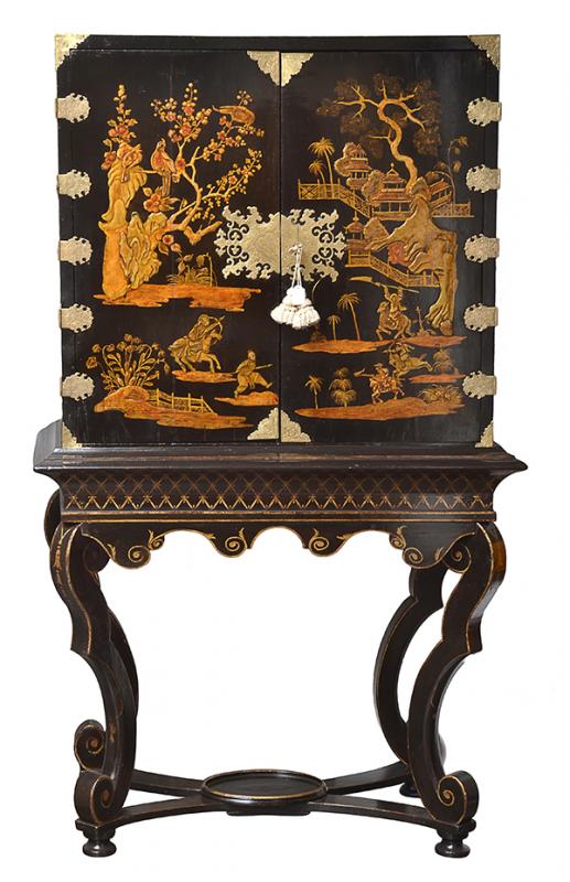 Appraisal: A TH CENTURY CHINOISERIE BLACK LACQUERED CABINET ON STAND with