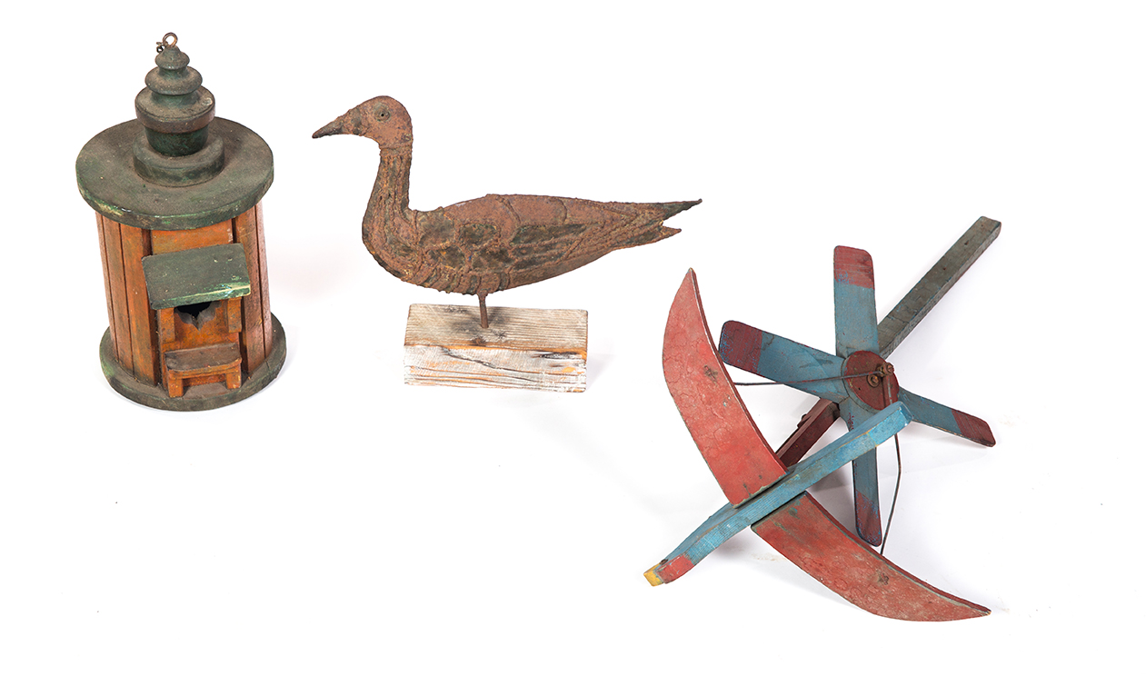 Appraisal: THREE AMERICAN BIRD RELATED ITEMS Twentieth century Wooden bluebird whirligig