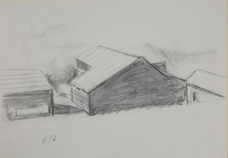 Appraisal: ATTRIBUTED TO EDWARD HOPPER - BARN LANDSCAPE Charcoal and pencil