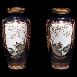 Appraisal: A Pair of Midnight Blue Ground Cloisonn Vases ATTRIBUTED TO