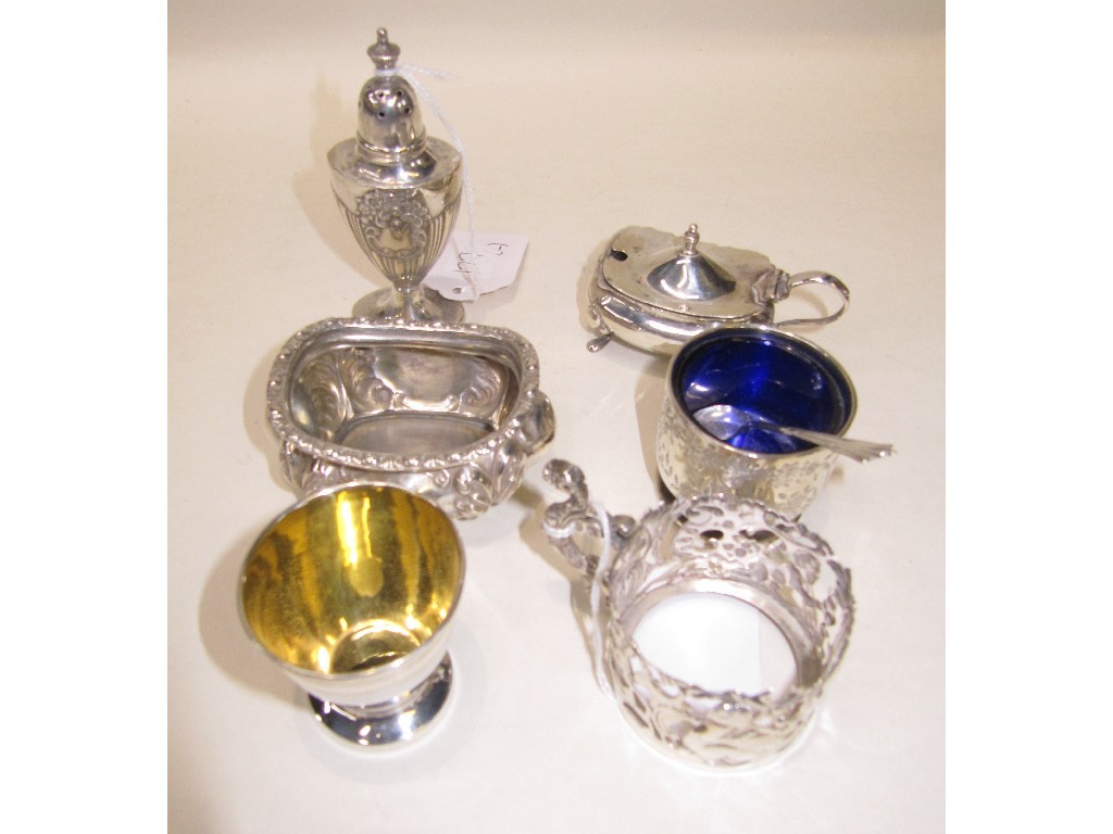 Appraisal: Lot comprising silver condiments silver egg cup and a silver