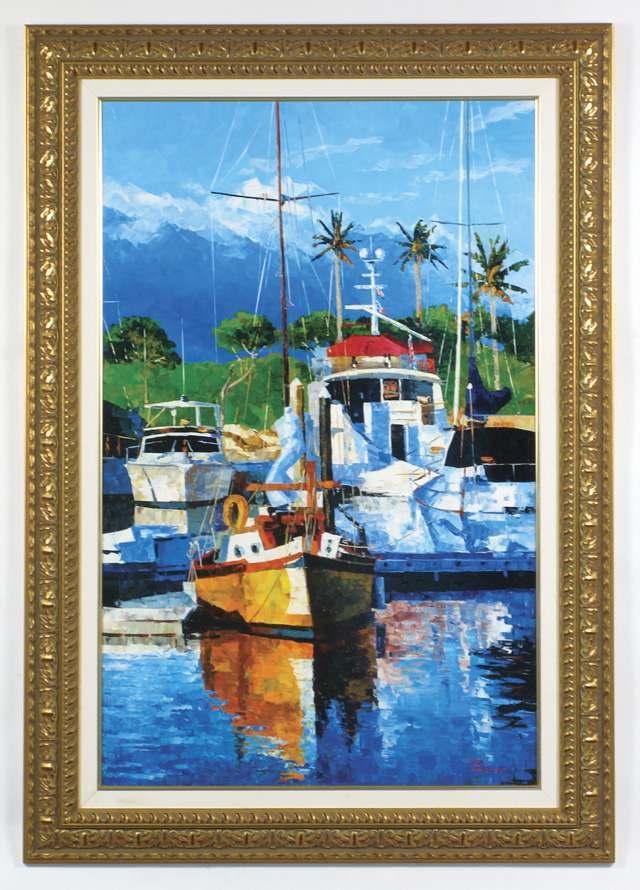 Appraisal: ALEX PAUKER ACRYLIC ON CANVAS Hawaiian landscape with boats in