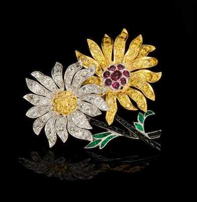 Appraisal: A Diamond Ruby and Emerald Flower Brooch Mounted in k