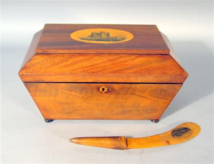 Appraisal: Mauchlinware inlaid mahogany work box mid th century Of sarcophagus