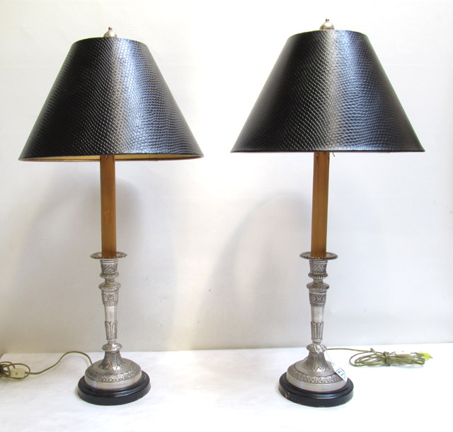 Appraisal: PAIR FAUX CANDLESTICK TABLE LAMPS with silvered candlestick form with