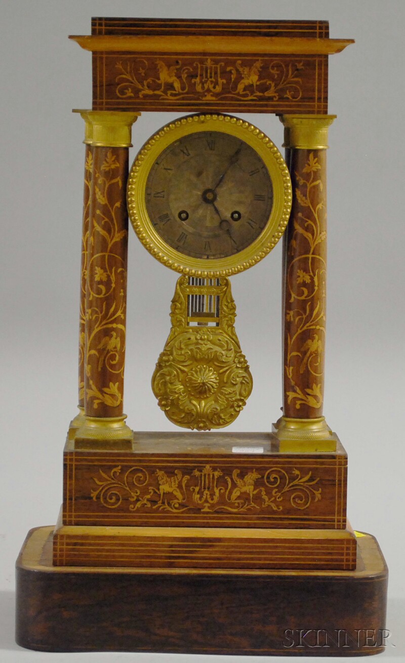 Appraisal: French Rosewood Portico Clock c string- and marquetry-inlaid case and