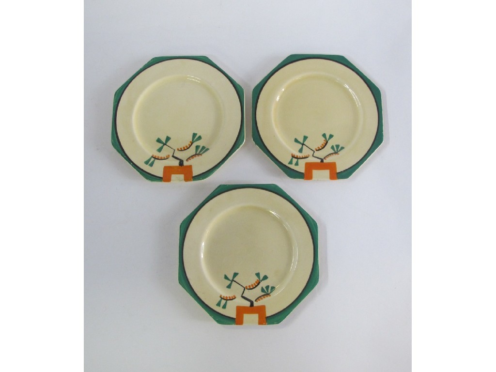 Appraisal: Three Clarice Cliff Ravel Green octagonal plates